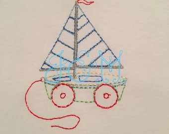 Sailboat Pull Toy Bean Stitch Quick Running Stitch Outline Vintage Style Machine Embroidery Design