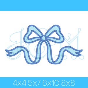 May include: A blue ribbon bow with a center loop. The bow is tied with a long ribbon that extends to the left and right.