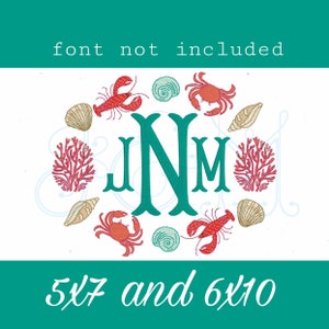 Sea Beach Animal Watercolor Crab Lobster Coral Seashell Monogram Wreath Frame Border Monogram Vintage Style Machine Embroidery Design