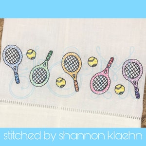 Tennis Racket and Ball Line of 5 Row Border Doodle Bean Stitch Running Vintage Style Machine Embroidery Design