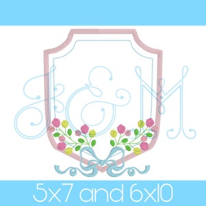 Tulip Floral Flower Heirloom Bow Bottom Monogram Frame Crest Shield Satin Stitch Outline Vintage Style Machine Embroidery Design