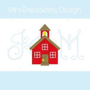 May include: Red schoolhouse embroidery design with a yellow bell on top. The design is perfect for a child's room or a classroom.