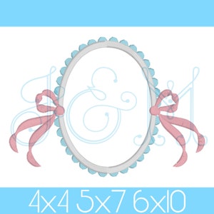 Oval Scallop Edge Monogram Frame with Side Bows  Monogram Wreath Vintage Style Machine Embroidery Design