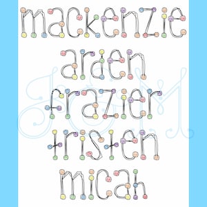 May include: A white background with five names spelled out in black with colorful dots around the letters. The names are Mackenzie, Aaren, Frazier, Kristen, and Micah.