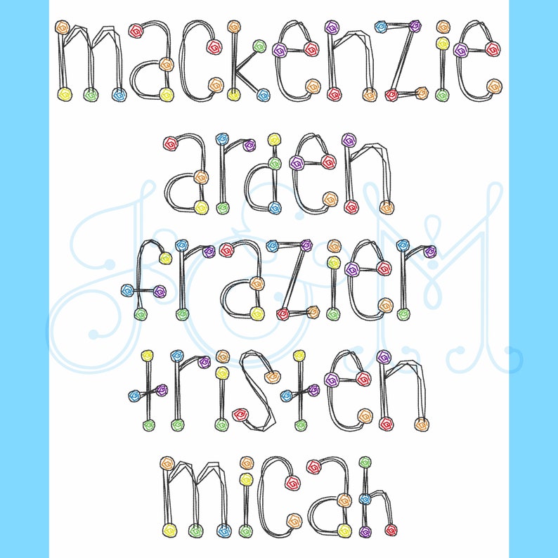 May include: A white background with five names spelled out in black with colorful dots around the letters. The names are Mackenzie, Aaren, Frazier, Kristen, and Micah.