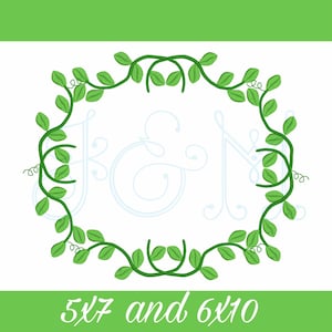 May include: An oval-shaped green leafy vine border with the initials "J & N" in light blue. The text "5x7 and 6x10" is at the bottom in a script font. The background is white with a green border at the top.