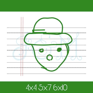 May include: A green line drawing of a person wearing a hat on a white lined paper background. The drawing is simple and childlike. The text "4x4 5x7 6x10" is below the drawing.