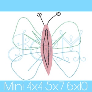 Può includere: Una farfalla rosa con contorni neri e accenti verdi. La farfalla è contornata di blu e ha uno sfondo blu chiaro. Il testo "Mini 4x4 5x7 6x10" è nella parte inferiore dell'immagine.