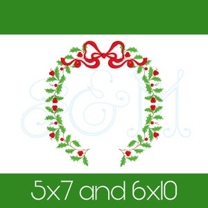 Made to Match Christmas Holly Garland Wreath with Bow Monogram Frame Bean Stitch and Satin Stitch Vintage Style Machine Embroidery Design