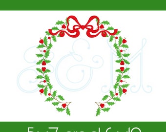May include: A red ribbon bow with holly leaves and red berries in a wreath shape. The text "5x7 and 6x10" is below the wreath.