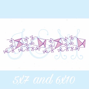 May include: A string of purple kites with a white background and the text "5x7 and 6x10" at the bottom.
