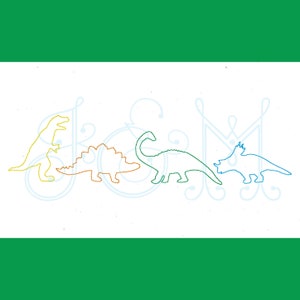 Puede incluir: Un dibujo de línea de cuatro dinosaurios en diferentes colores: amarillo, naranja, verde y azul. Los dinosaurios están dispuestos en fila y miran hacia la derecha. Los dinosaurios están delineados en blanco y se encuentran sobre un fondo blanco.