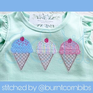 Ice Cream Cone with Sprinkles Trio Line of Three Row Vintage Stitch Applique Vintage Style Machine Embroidery Design