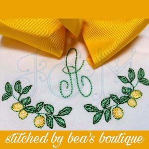 Two Lemon Watercolor Sketch Fill Bean Stitch Satin Leaf Outline Monogram Accent Mini Frames Vintage Style Machine Embroidery Design