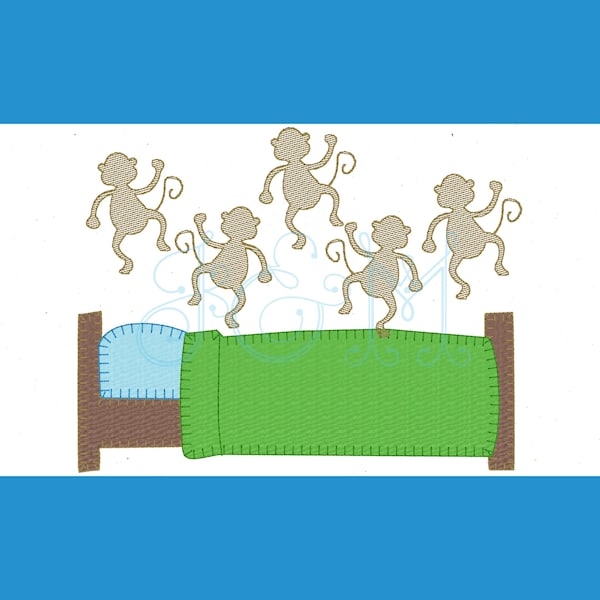 Five Little Monkeys Jumping on Bed Applique Vintage Style Machine Embroidery Design