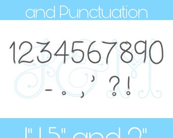 May include: A graphic showing chain stitch numbers and punctuation. The numbers 1 through 9 and 0 are shown in black chain stitch. The punctuation marks shown are a period, comma, hyphen, apostrophe, question mark, and exclamation point. The text "1.5" and "2" is also shown in black chain stitch.