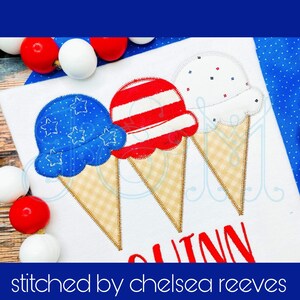 Patriotic July Fourth Ice Cream Cone Trio Bundle of Three with Stars Zig Zag Stitch Applique  Vintage Style Machine Embroidery Design