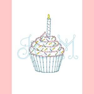 Cupcake with One Candle and Sprinkles Vintage Bean Running Stitch Mini Vintage Style Machine Embroidery Design