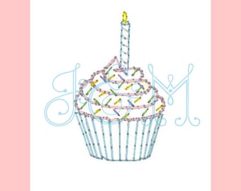 Cupcake with One Candle and Sprinkles Vintage Bean Running Stitch Mini Vintage Style Machine Embroidery Design