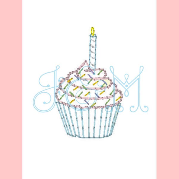 Cupcake avec une bougie et saupoudre vintage Bean Running Stitch Mini vintage Style Machine Embroidery Design