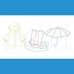 Op de afbeelding: Een gele regenjas, rode regenlaarzen en een groene paraplu, allemaal getekend in een eenvoudige lijntekeningstijl.