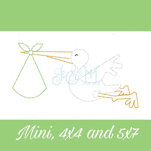 Stork and Baby Bundle Vintage Stitch VIntage Style Machine Embroidery Design Mini 4x4 and 5x7