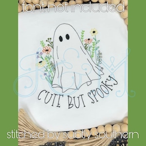 Classic Ghost with Wildflowers Boho Halloween Spooky Season Bean Stitch Outline Vintage Style Machine Embroidery Design