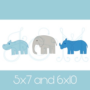 Simple Zoo Safari Trio - Rhino Elephant Hippo Sketch Fill Bean Stitch Outline Vintage Style Machine Embroidery Design
