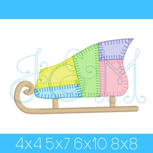 May include: A colorful, patchwork-style sled illustration with a wooden base and runners. The sled's body is divided into sections of yellow, green, blue, pink, and purple, each outlined with stitching. Text at the bottom reads "4x4 5x7 6x10 8x8".