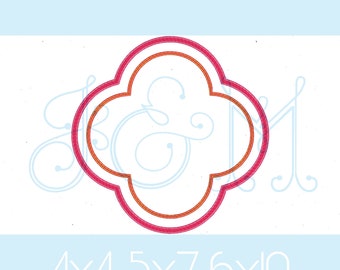 Podwójna rama monogramu z czwórliściami, ścieg satynowy z konturem ściegu fasolowego, styl vintage, maszynowy haft