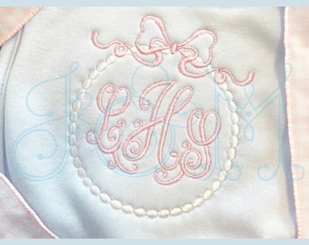 Noel Heirloom Bow Satin Stitch Dot Pearl Monogram Frame Vintage Style Machine Embroidery Design