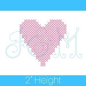 May include: A pink cross-stitch heart design on a white background. The heart is made of a grid of pink threads, with a light blue decorative element in the background. The text "2" Height" is displayed in a blue banner.