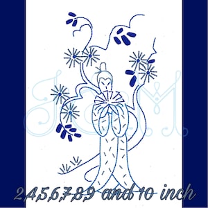 May include: Blue and white embroidery design of a woman holding a fan, surrounded by stylized flowers. The design is available in sizes 2, 4, 5, 6, 7, 8, 9, and 10 inches.