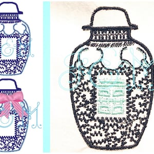 May include: Two blue and white ginger jars with a black outline. The top jar has a square opening and the bottom jar has a bow.