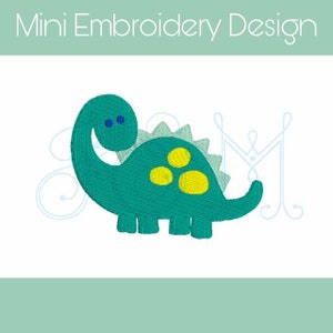May include: A green dinosaur embroidery design with yellow spots and blue eyes. The dinosaur is smiling and has a long neck.