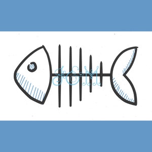 May include: A black and white line drawing of a fish skeleton. The fish has a large head and a small tail. The skeleton is made up of a series of lines that represent the bones of the fish.
