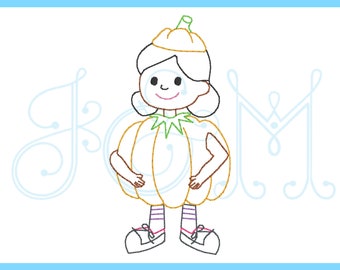 May include: A cartoon illustration of a child dressed as a pumpkin for Halloween. The child is wearing a pumpkin costume with a green stem and a brown face. The child is also wearing purple and white striped socks and brown shoes.
