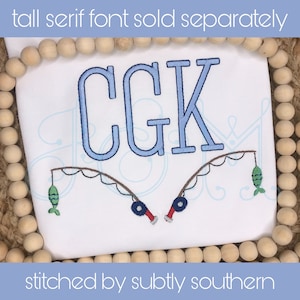 Fishing Pole and Fish Border Monogram Frame Satin Stitch Vintage Style Machine Embroidery Design