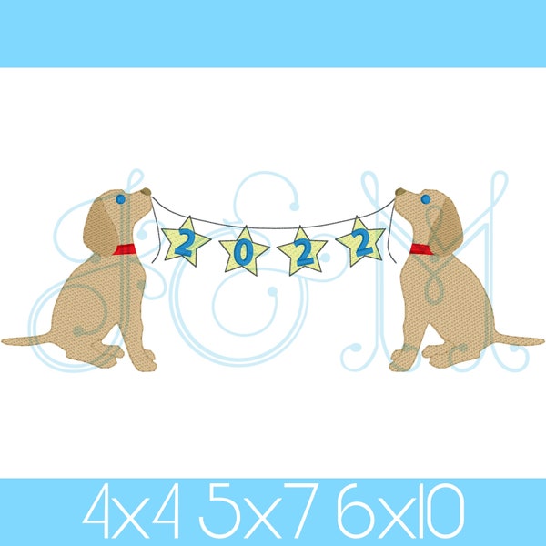 New  Year 2022 Lab Puppy Dogs with Collar Holding Star Bunting Flags Sketch Fill Bean Stitch Outline Vintage Style Machine Embroidery Design