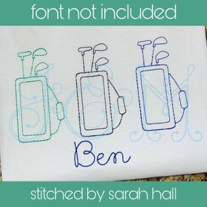 May include: Three embroidered golf bag designs in green, black, and blue with the name "Ben" stitched below. The text "stitched by sarah hall" is at the bottom of the image.