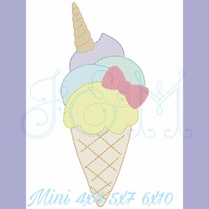 Rainbow Unicorn Ice Cream Cone Sketch FIll Bean Stitch Outline Vintage Style Machine Embroidery Design