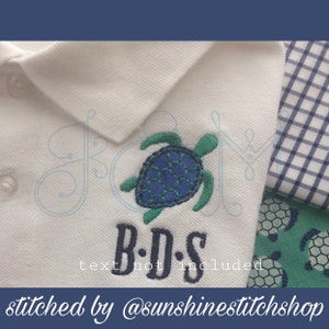May include: White polo shirt with a blue and green embroidered sea turtle and the text "B.D.S. text not included" stitched on the front. The shirt is stitched by @sunshinestitchshop.