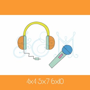 Retro hip hop muziek dans hoofdtelefoon microfoon schets vullen Bean Stitch overzicht vintage stijl machine borduurwerk ontwerp