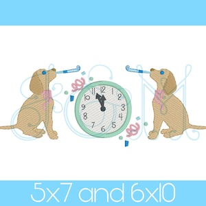 May include: Two yellow dogs with blue party hats blowing party horns, a clock with the hands at midnight, and confetti.