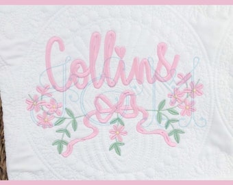 Evy Heirloom Floral Flower Swash with Ribbon Bow Monogram Frame Border Vintage Style Machine Embroidery Design