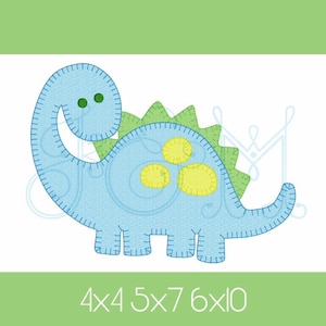 May include: Blue and green embroidered dinosaur applique with three yellow spots. 4x4 5x7 6x10