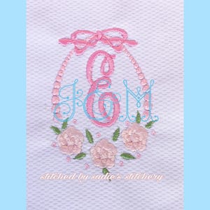 Heirloom Rose and Pearl Monogram Frame Border with Ribbon Bow Vintage Style Machine Embroidery Design