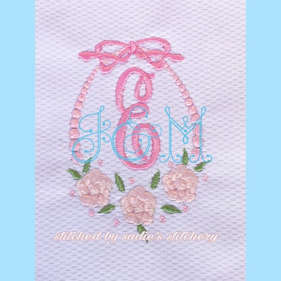 Evy Heirloom Floral Flower with Ribbon Bow Monogram Frame Border Vintage Style Machine Embroidery Design