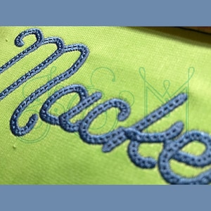 Op de afbeelding: Close-up van het woord "Grace" geborduurd in blauwe draad op een groene stoffen achtergrond.