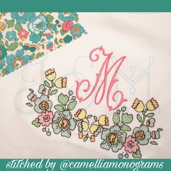 Floral Monogram Cadre Croquis Remplir Bean Stitch Outline vintage Style Machine Broderie Design